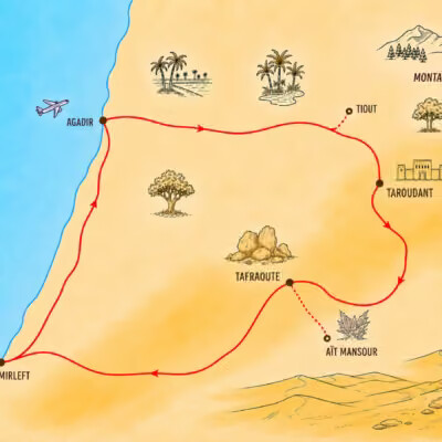 Carte de l'itinéraire du circuit Anti-Atlas d'Agadir à Mirleft